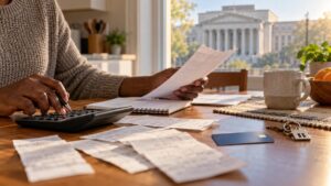 Illustrative image of a Black adult reviewing household bills at a kitchen table, with a calculator, home keys and a generic central-bank building in the background.