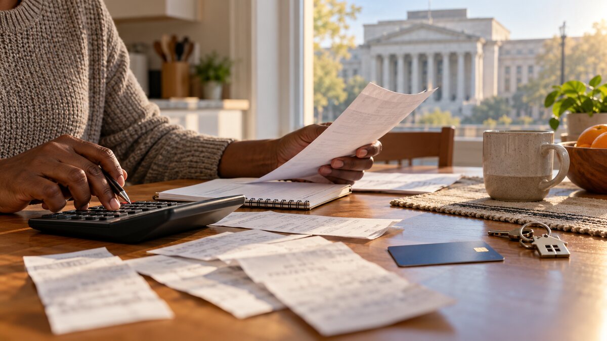 Illustrative image of a Black adult reviewing household bills at a kitchen table, with a calculator, home keys and a generic central-bank building in the background.