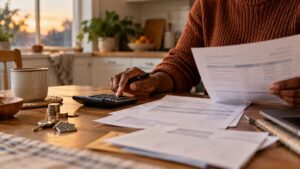 Illustrative image of a Black adult reviewing household bills with a calculator, coins and house keys at a kitchen table.