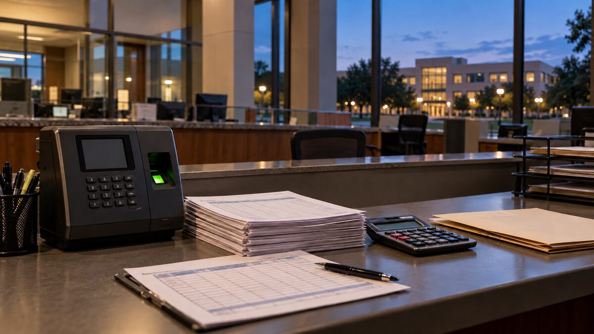 Illustrative image of an empty county office desk with a time clock, payroll forms and calculator after hours.