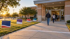 Illustrative image of adult voters approaching a generic Texas school polling site, with blank campaign signs positioned outside a marked boundary.