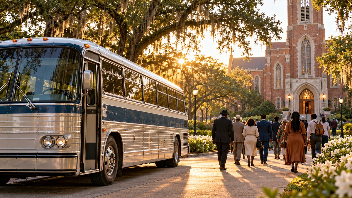 Illustrative image of a vintage intercity bus arriving at a New Orleans HBCU campus as a multigenerational group walks toward a chapel at sunrise.