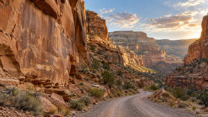 Illustrative view of a winding gravel road through red-rock canyon walls in eastern Utah, representing Gate Canyon and the historic landscape at issue in a federal lawsuit.