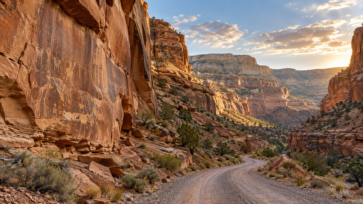 Illustrative view of a winding gravel road through red-rock canyon walls in eastern Utah, representing Gate Canyon and the historic landscape at issue in a federal lawsuit.