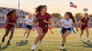 Illustrative image of diverse high school girls playing flag football on a generic Texas field at sunset.