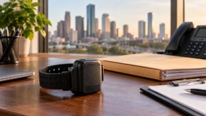Illustrative image of an electronic ankle monitor on an office desk beside an unlabeled policy folder, with a generic Houston skyline in the background.