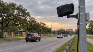 Illustrative image of a covered, deactivated roadside surveillance camera beside a Houston-area boulevard, representing Harris County Precinct 4’s camera shutdown.