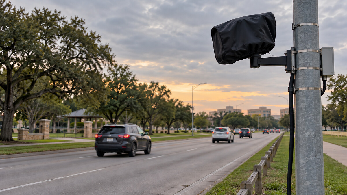 Illustrative image of a covered, deactivated roadside surveillance camera beside a Houston-area boulevard, representing Harris County Precinct 4’s camera shutdown.