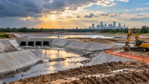 Illustrative image of a flood-control detention basin and drainage-channel construction project beneath clearing storm clouds near a generic Houston skyline.
