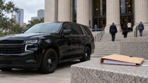 Illustrative image of an unmarked black SUV and a legal case folder outside a Houston-area courthouse.