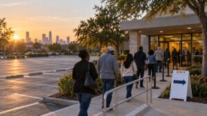 Illustration of diverse Harris County voters approaching an accessible community vote center at sunrise.