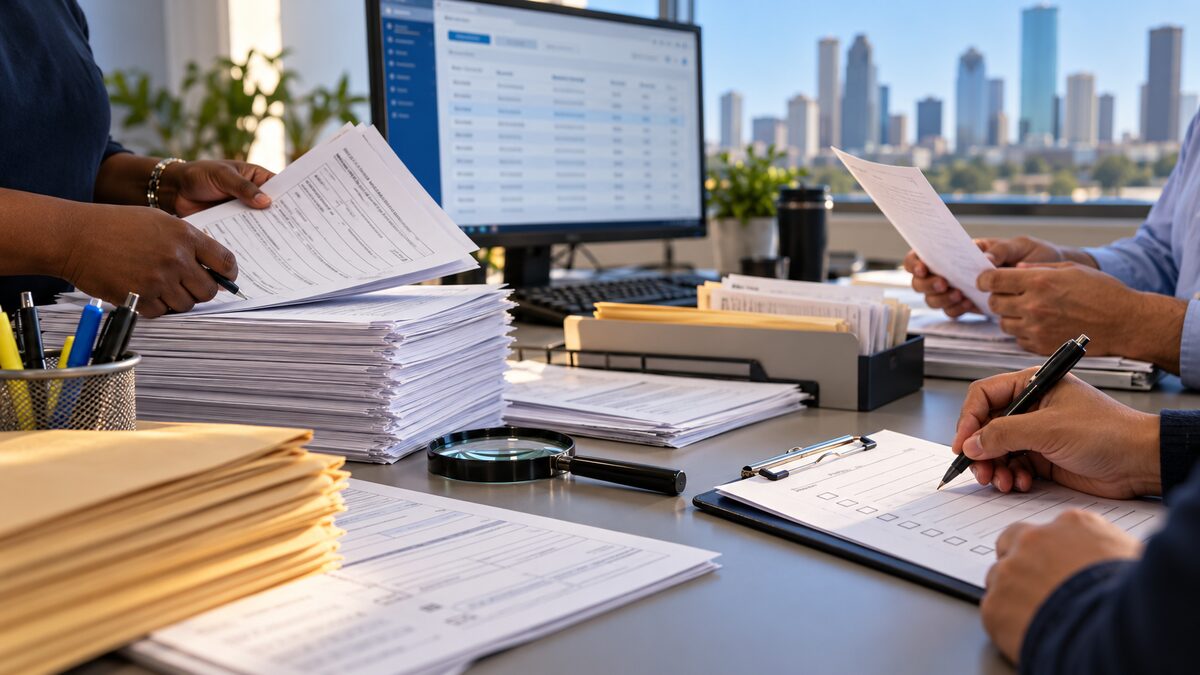 Illustrative image of voter-registration forms being reviewed at a county elections office with the Houston skyline in the background.