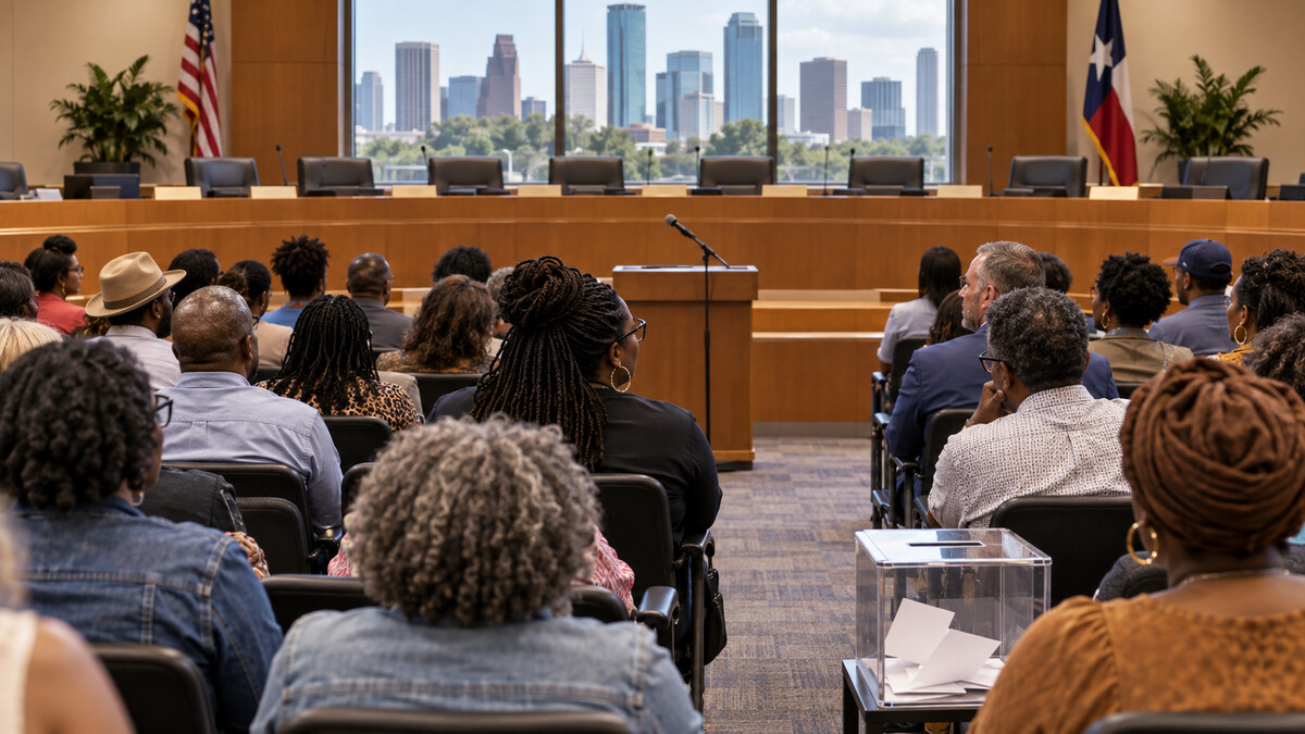 Illustrative image of a diverse Houston community attending a public school-board meeting, with a public-comment microphone and ballot box in the room.