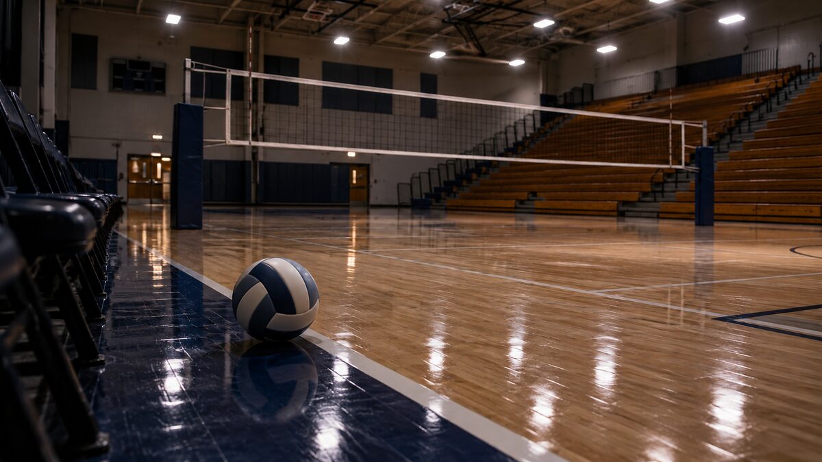 Illustrative image of an empty school gym with a volleyball beside the court following an alleged spectator-intimidation incident.