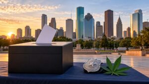 Illustrative image of a ballot box, a symbolic police badge and a cannabis leaf before the Houston skyline.