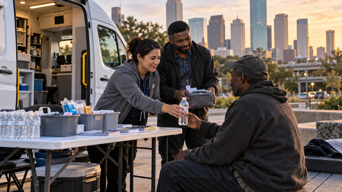 Illustrative scene of two outreach workers offering water and a care kit to an unhoused adult beside a mobile health van near downtown Houston.