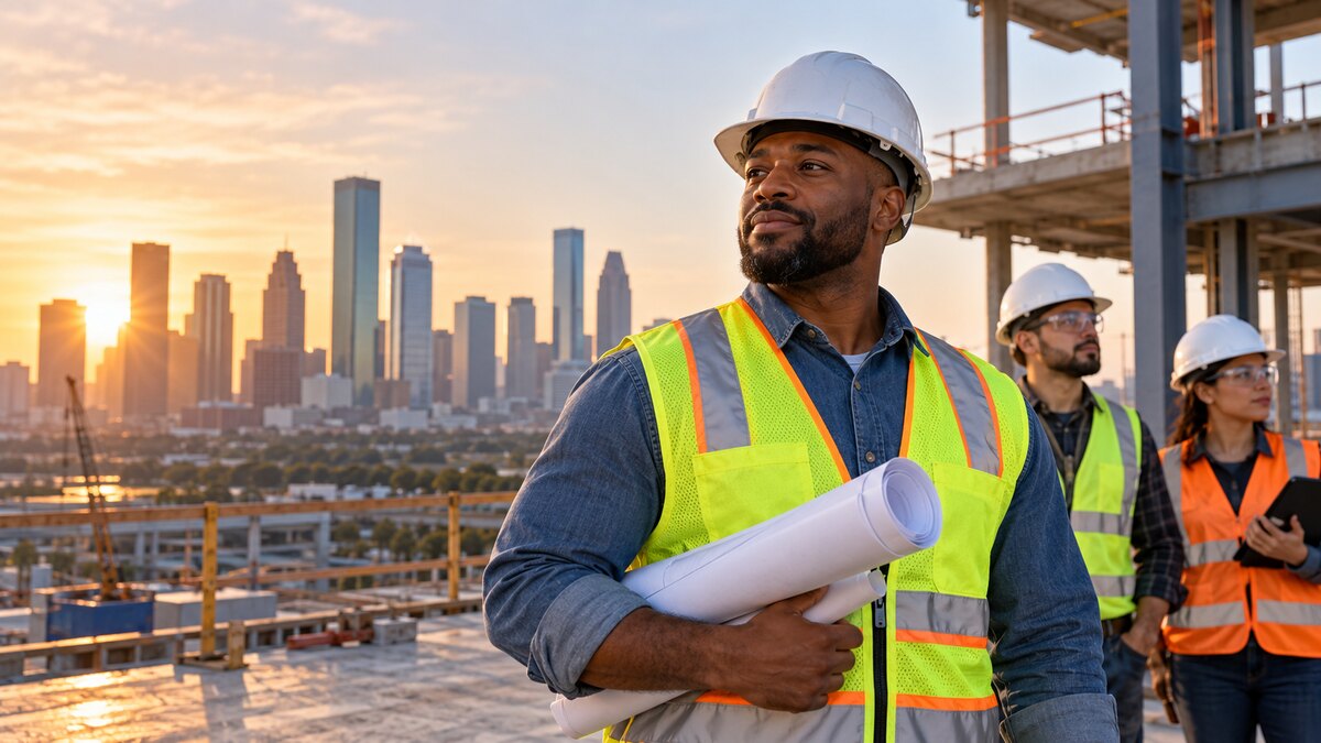 Illustrative image of a Black construction professional holding plans at a Houston worksite with two adult coworkers and the downtown skyline behind them.