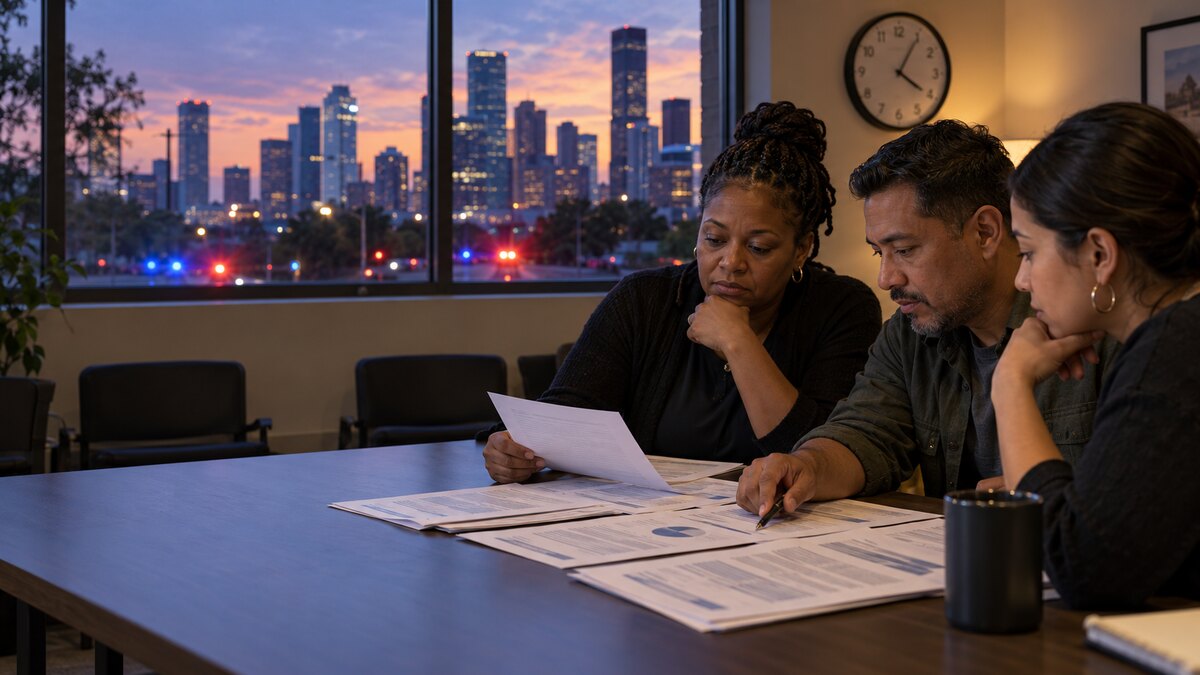 Illustrative image of Black and Latino Houston community members reviewing an anonymized public report with the downtown skyline and blurred emergency lights outside.