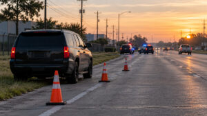 Illustrative image of an unmarked SUV, traffic cones and distant emergency vehicles on a northwest Harris County road at dawn.