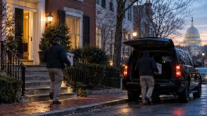 Illustrative image of two anonymous federal investigators carrying evidence boxes outside a Washington, D.C., townhouse at dawn, with an unmarked vehicle and the U.S. Capitol in the distance.