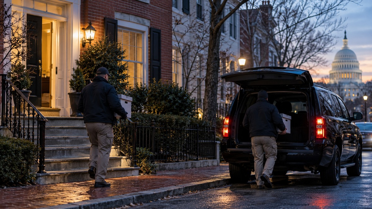 Illustrative image of two anonymous federal investigators carrying evidence boxes outside a Washington, D.C., townhouse at dawn, with an unmarked vehicle and the U.S. Capitol in the distance.
