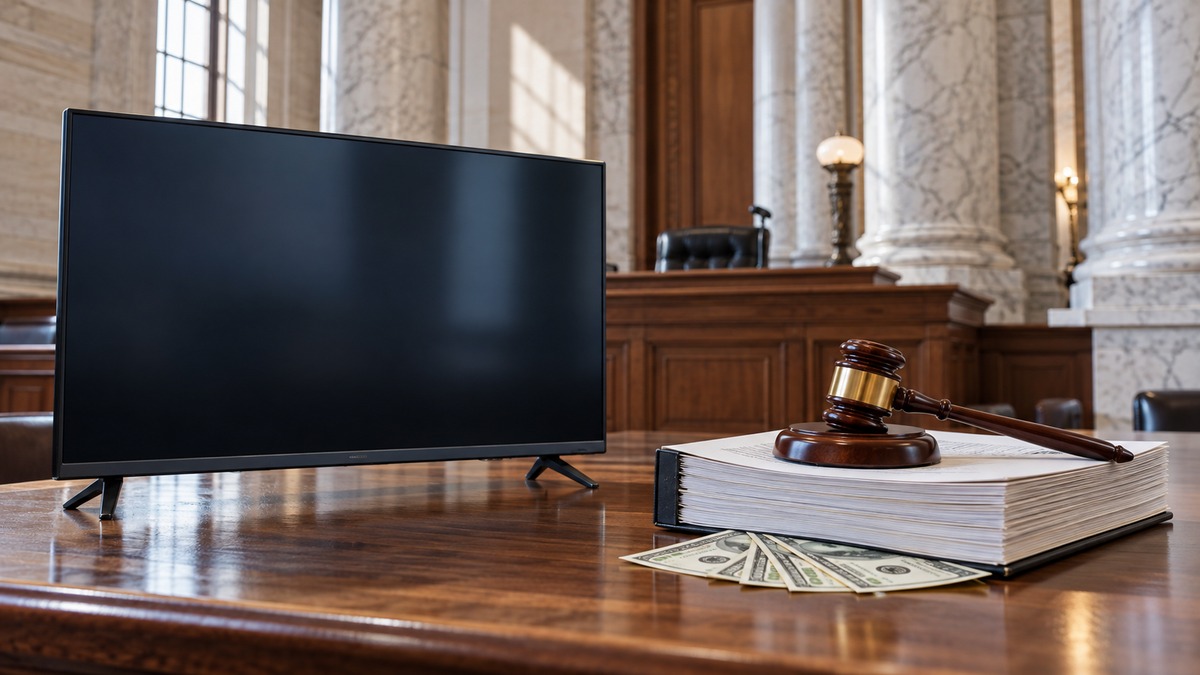 Illustrative image of a blank television, a court order, a judge’s gavel and U.S. currency in a courtroom, representing the ruling on taxpayer-funded political advertising.