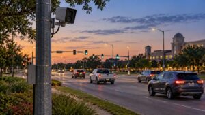 Illustrative image of an automated license-plate reader camera beside a suburban Texas roadway at dusk, with vehicle plates out of focus.
