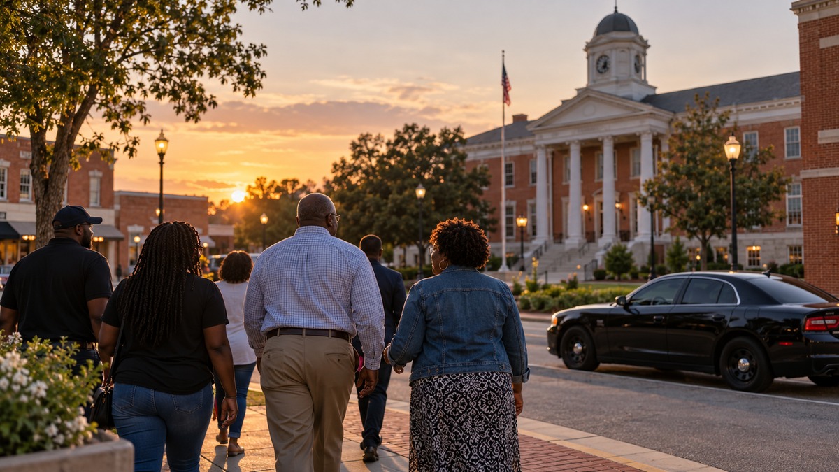 Illustration of Black community members walking toward a small-town Mississippi courthouse near a police vehicle after a federal civil-rights settlement.