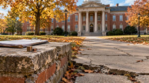 Illustrative image of a historic college building beyond a cracked walkway, with a small stack of coins and maintenance documents in the foreground.