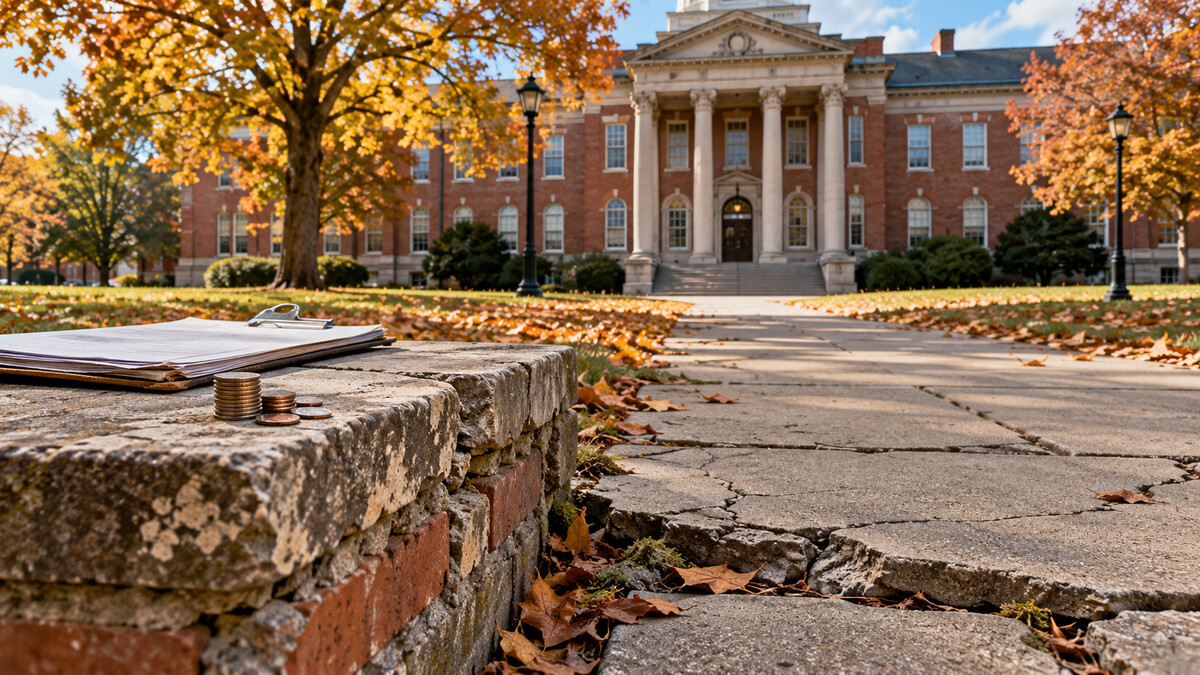 Illustrative image of a historic college building beyond a cracked walkway, with a small stack of coins and maintenance documents in the foreground.