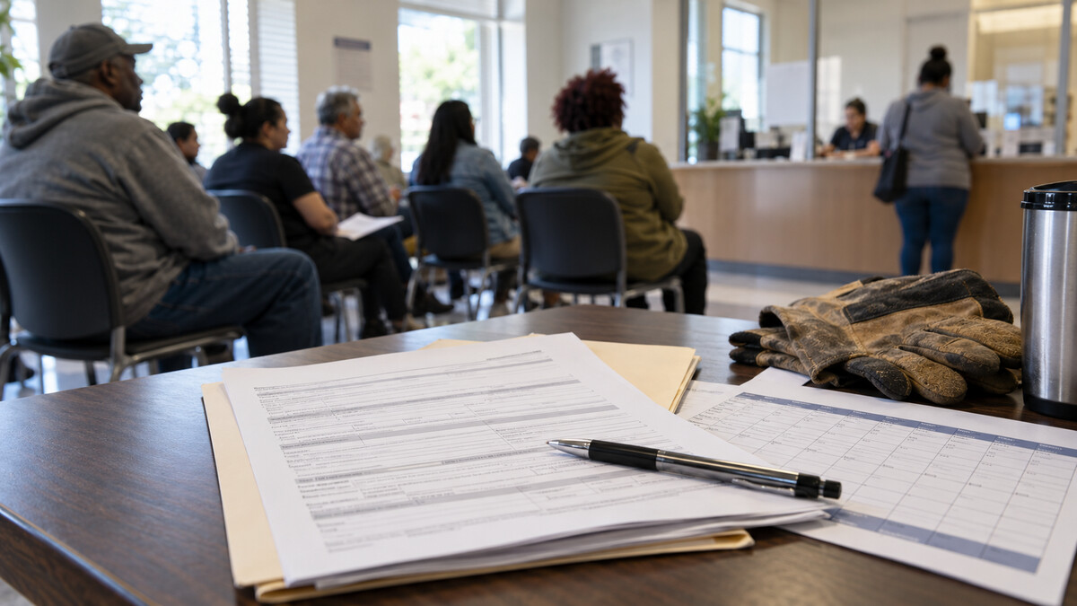Illustrative image of health-benefit paperwork, a work schedule and gloves in a diverse community services office.