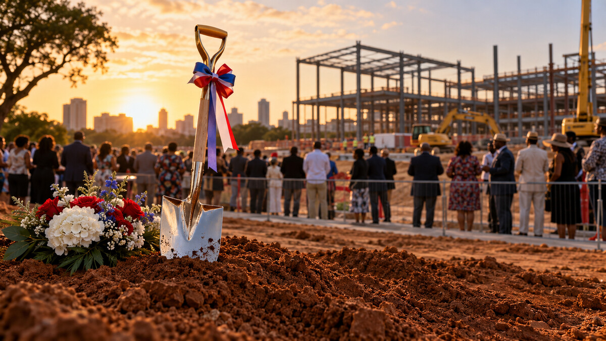 Illustrative image of a ceremonial shovel and flowers at a museum construction site with community members gathered behind a safety barrier.