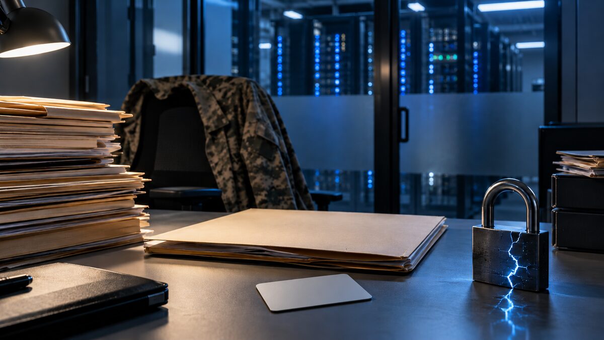 Illustrative image of personnel files, a blank identification card, a military-style jacket and a cracked padlock before a secured server room.