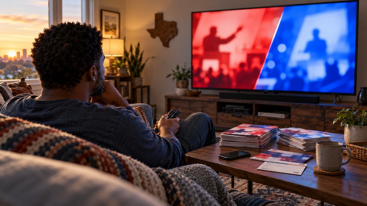 Illustration of a Black Texas voter watching generic red-and-blue political advertising on television as campaign mail fills a coffee table.