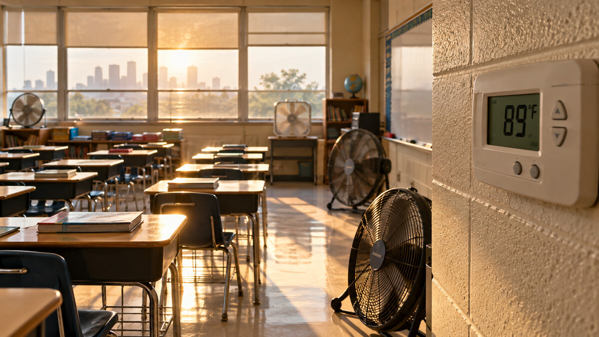 Illustrative image of an empty classroom with portable fans and a thermostat reading 89 degrees Fahrenheit.