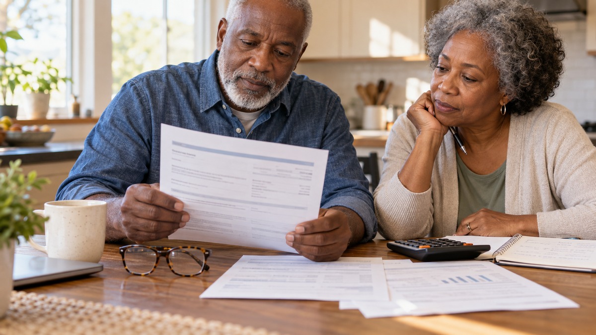 Illustration of an older Black couple reviewing a benefit statement and household budget at a kitchen table.