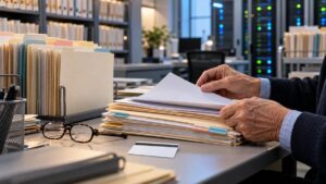 Illustrative image of an older adult reviewing paper records in a modern records office with database servers in the background.