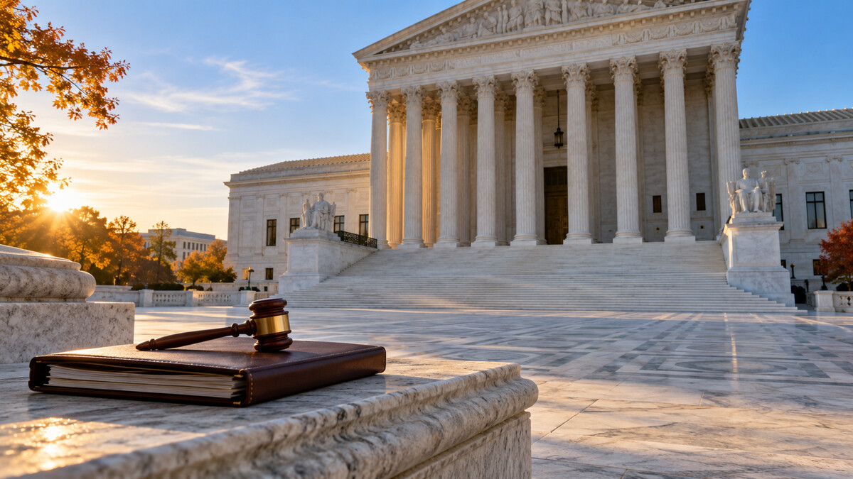 Illustrative image of a courthouse with marble columns and steps at sunrise, with a gavel and closed case file in the foreground.