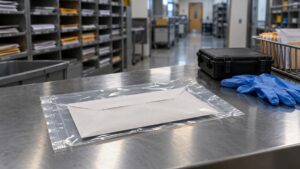 Illustrative image of a sealed envelope in a protective evidence sleeve beside gloves and an inspection case in a government mailroom.
