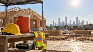 Illustrative image of a hard hat, water cooler and reflective vest at a shaded Houston construction site under intense sun, representing proposed heat-safety protections for workers.