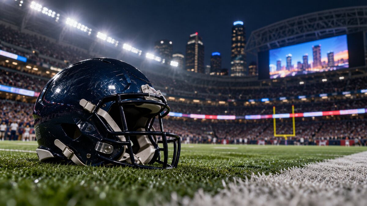 Illustrative image of an unbranded dark blue football helmet on the turf inside a Houston stadium after a night game.