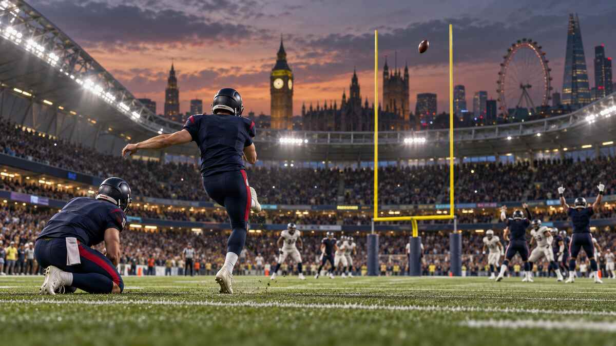 Illustration of a professional football kicker making a last-second field goal in a London stadium.