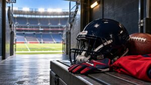 Illustrative image of navy football gear and a football inside a stadium tunnel, representing the Houston Texans’ trade for wide receiver Marvin Harrison Jr.