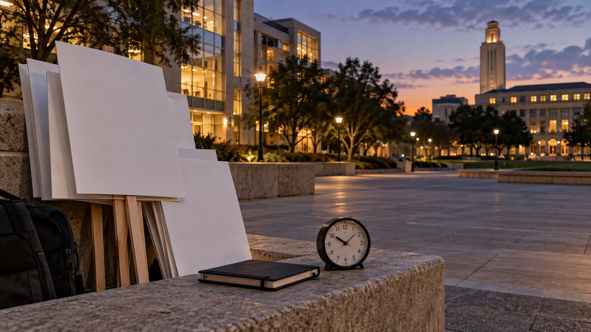 Illustrative image of blank protest signs, a notebook and an analog clock on an empty Texas public-university plaza at dusk.