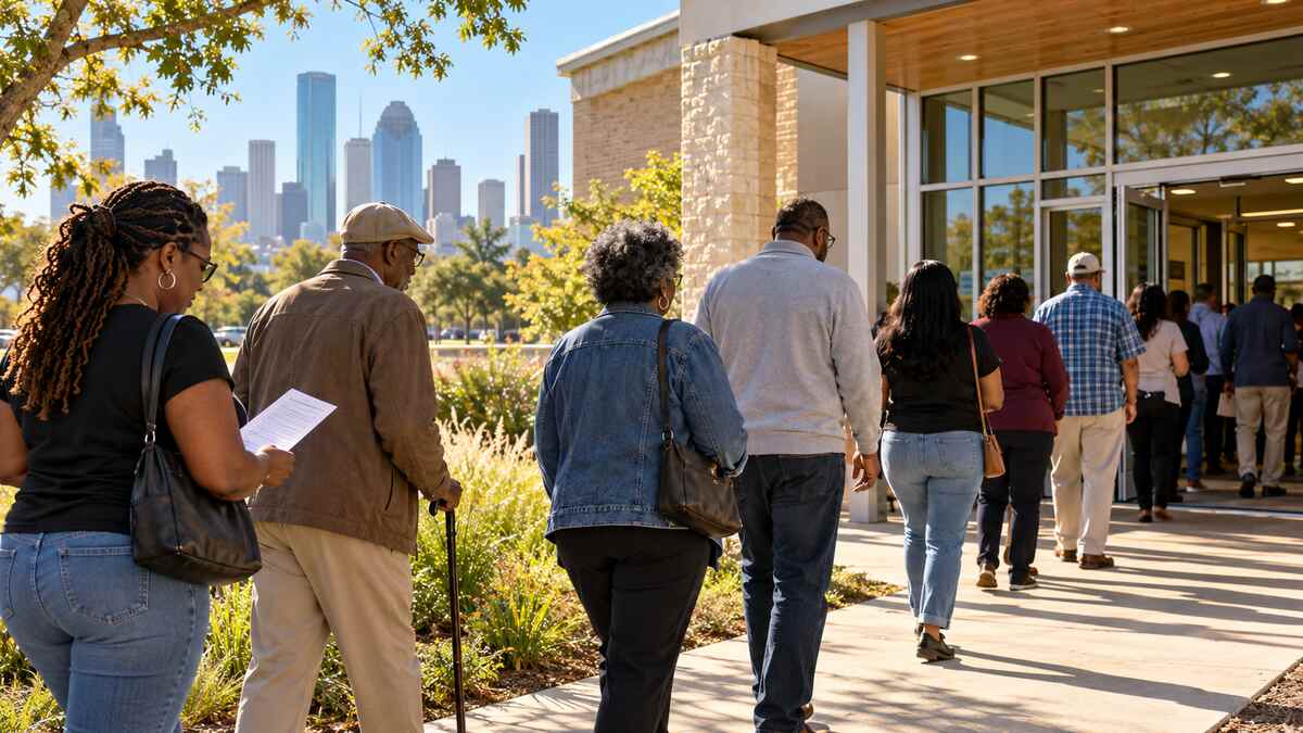 Illustration of a diverse group of Houston-area voters approaching a community voting center on a clear October morning.