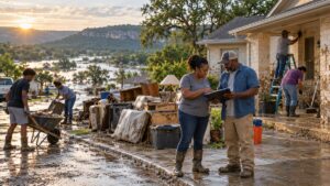 Illustrative image of a Black Texas family reviewing recovery paperwork while neighbors clean a flood-damaged Hill Country home at sunrise.