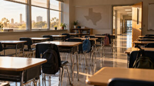 Illustrative image of an empty Texas classroom with vacant desks, backpacks and an open doorway, representing declining immigrant-student enrollment.