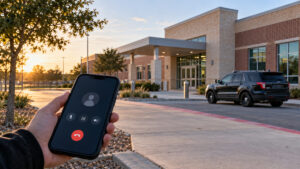 Illustrative image of a phone call outside a Texas public school with an unmarked local police vehicle nearby, representing child-abuse reporting to independent authorities.