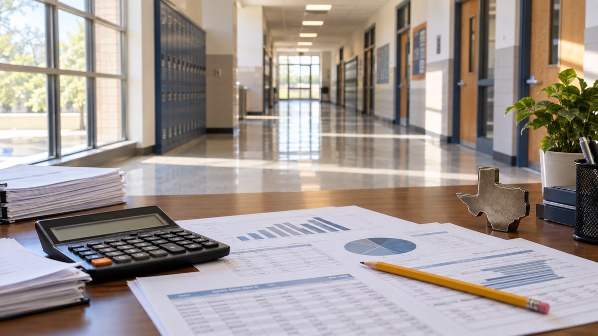 Illustrative image of budget documents and a calculator on a desk in an empty public-school hallway, with a Texas-shaped paperweight.