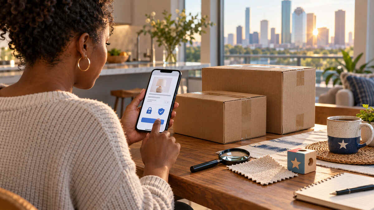Illustration of a Black Texas online shopper reviewing privacy and product-safety information beside delivery packages.